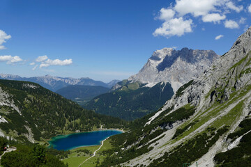 Zugspitze mountain and lake Seebensee view in Tyrol, Austria