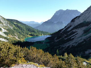 Zugspitze mountain and lake Seebensee view in Tyrol, Austria