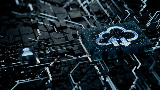 Data storage Technology Concept with cloud symbol on a Microchip. White Neon Data flows between the CPU and the User across a Futuristic Motherboard. 3D render.