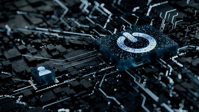 Activate Technology Concept with power symbol on a Microchip. White Neon Data flows between the CPU and the User across a Futuristic Motherboard. 3D render.