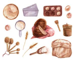 Ingredients for baking bread with watercolors