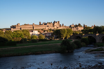 Fototapeta na wymiar View of medieval town of Carcassone and the brige Le Pont Vieux in France.
