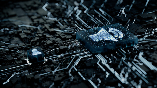 Sound Technology Concept with audio symbol on a Microchip. White Neon Data flows between the CPU and the User across a Futuristic Motherboard. 3D render.