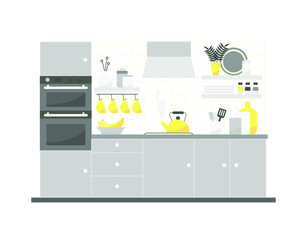 Vector flat illustration of a cozy kitchen interior with furniture and appliances.