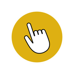 Hand pointer icon in yellow circle. Mouse navigator for computer. Application user button in smartphone. Vector graphics.