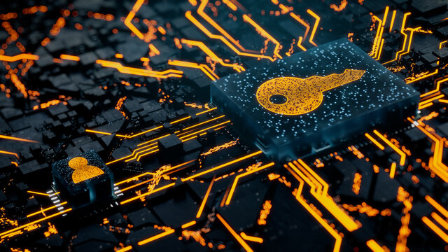 Security Technology Concept with key symbol on a Microchip. Orange Neon Data flows between the CPU and the User across a Futuristic Motherboard. 3D render.