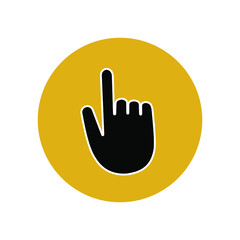 Obraz premium Hand pointer icon in yellow circle. Mouse navigator for computer. Application user button in smartphone. Vector graphics.