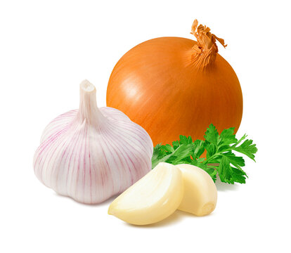 Fresh onion, garlic cloves and parsley isolated on white background.