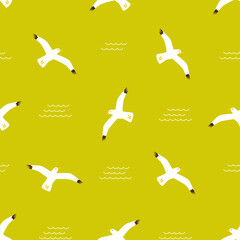 Seamless pattern with seagulls and waves. Vector illustration.