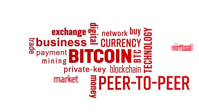 Video animation of a keyword cloud with red text over white background - Bitcoin - digital cryptocurrency
