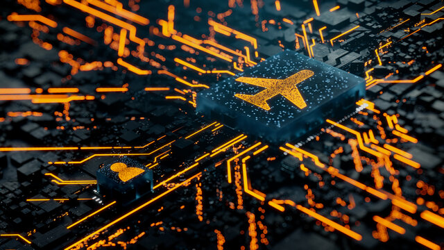 Flight Technology Concept with airplane symbol on a Microchip. Orange Neon Data flows between the CPU and the User across a Futuristic Motherboard. 3D render.
