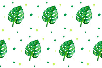 Seamless pattern with green leaves on white. Monstera illustration. Hand drawn watercolor painting. Botanical print with exotic plant. Creative print for clothes, web, greeting cards, gift wrap