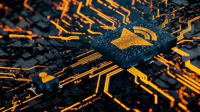 Sound Technology Concept with audio symbol on a Microchip. Orange Neon Data flows between the CPU and the User across a Futuristic Motherboard. 3D render.