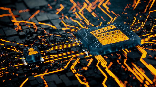 Entertainment Technology Concept with movie symbol on a Microchip. Orange Neon Data flows between the CPU and the User across a Futuristic Motherboard. 3D render.