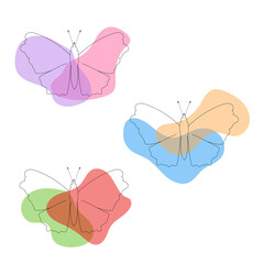 Set of outline butterflies with colorful shapes. Collection of insects isolated on white background.