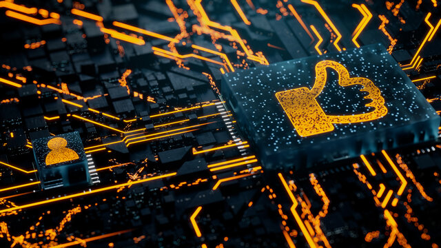 Social Media Technology Concept with like symbol on a Microchip. Orange Neon Data flows between the CPU and the User across a Futuristic Motherboard. 3D render.