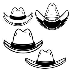 Set of Illustrations of cowboy hats. Design element for logo, label, sign, emblem, poster. Vector illustration
