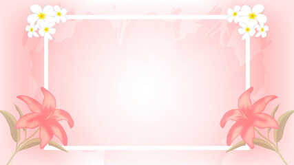 Lilies and frangipani In the corner of the  frame and pink background. Vector work for making wedding cards. Or publications