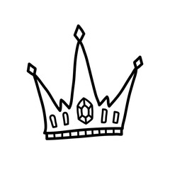 Crown with diamond jewel doodle, a hand drawn vector line art doodle of a King's crown, isolated on white background