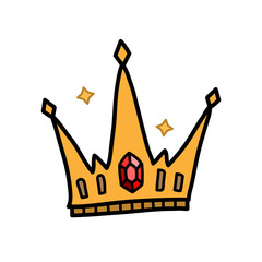 Gold Crown with a red jewel doodle, a hand drawn vector line art doodle of a King's crown, isolated on white background.