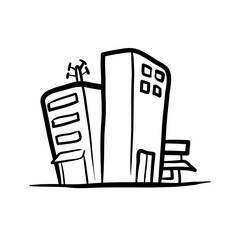 Office building doodle, a hand drawn vector doodle illustration of business district and commercial area buildings, isolated on white.