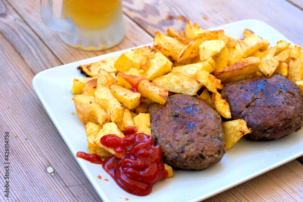 Sticker burgers, with fresh handmade potatoes and ketchup