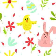 Fototapeta premium Vector seamless Easter pattern with bunny, chicken, easter egg and flowers on a white background. Spring