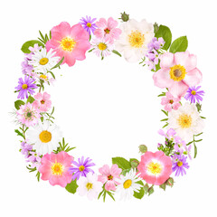 Naklejka na ściany i meble Flower wreath with roses, daisies and other flowers