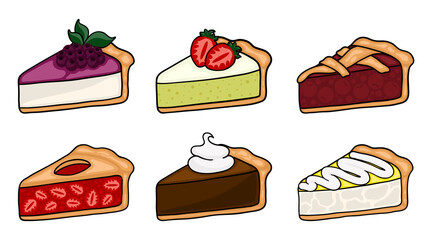 Cute cartoon pie slices set. Layered sponge cakes with fruit and chocolate, cheesecake, pie. © SERHII