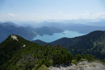 Scenic landscape panorama Martinskopf mountain and lake Walchensee in Bavaria, Germany