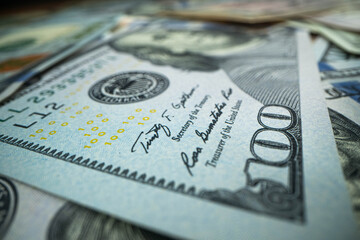American one hundred dollars currency. Financial trade concept. Macro shot