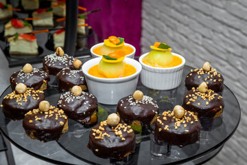 Candy bar, delicious fruit desserts in a restaurant