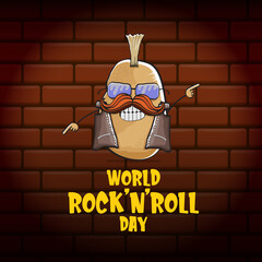 World rock n roll day poster with potato cartoon character isolated on brick wall background. Rock n roll day poster design template