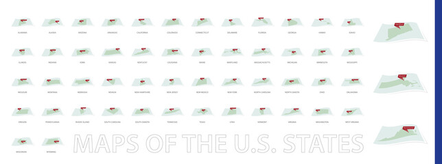 Fototapeta na wymiar Collection of Curved paper map of U.S. States with capital.