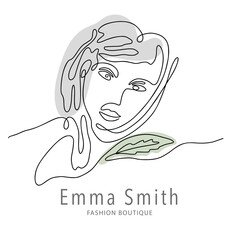 Woman face one line contour modern logo. Female girl abstract beauty portrait fashion elegant vector icon. Trendy single line art romantic lady. Simplicity nature color design.