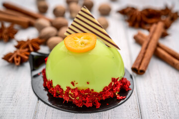 Fruit dessert, panacota on a wooden background