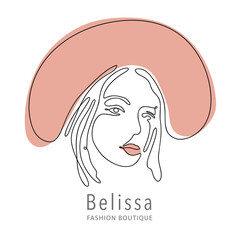 Woman face one line contour modern logo. Female girl abstract beauty portrait fashion elegant vector icon. Trendy single line art romantic lady. Simplicity nature color design.