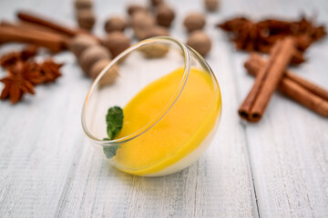 Mango Panna cotta with mango jelly, home cooking.