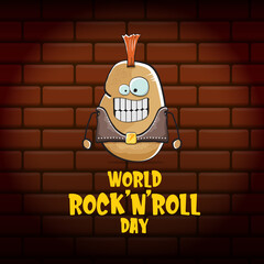 World rock n roll day poster with potato cartoon character isolated on brick wall background. Rock n roll day poster design template