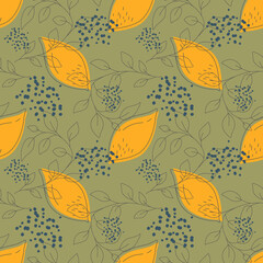 Yellow lemon on green background fruit seamless pattern. Vector illustration of an infinite pattern with linear leaves and colored drops. Ripe juicy fruits in a flat linear style.