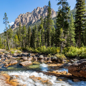 United States, Idaho, stanley, Landscape with forests, creek and Sawtooth Mountains