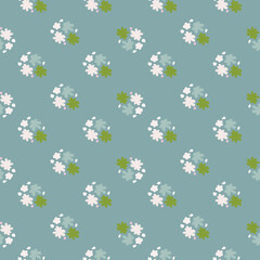 Little flower silhouettes seamless pattern in hand drawn style. Pastel blue background. Simple backdrop.