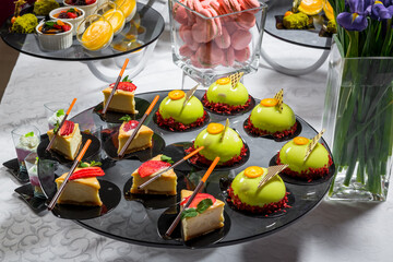 Candy bar, delicious fruit desserts in a restaurant