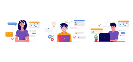 Concept of freelance, video conference, online meeting workspace. Design template with business people, freelancers taking with colleague for report, flyer, marketing, leaflet,  modern style vector