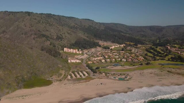 Aerial view over Quintay beach at Valparaiso, chile on a sunny day