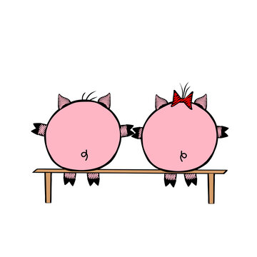 Pair of a Pink Vector fat pigs girl and boy sitting on a bench together on a white background. Rear view
