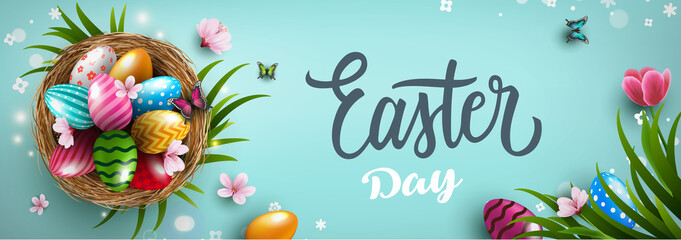 Happy Easter greeting card with easter eggs in the nest, grass and flowers on blue background. Gift and invitation flyer layout for Easter Day. Easter Shopping discount poster. Vector illustration