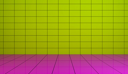 Green reflective glossy tiles on the wall. Pink reflective tile floor. Modern geometric background. 3d rendering © Ihor