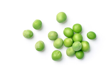 Flat lay of Green peas isolated on white background.