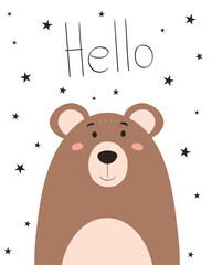 Vector postcard cute bear. Animal in doodle style. Isolated on a white background. Hello inscription.
